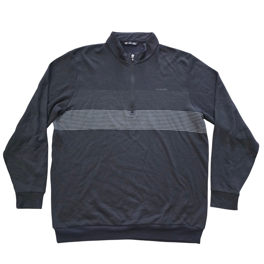 TravisMathew Mens XXL Black Gray Striped Quarter Zip Pullover Golf Sweater